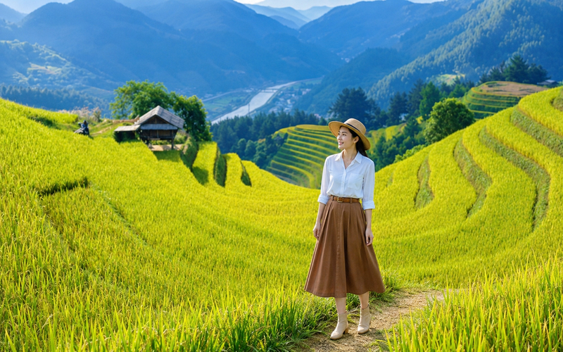 Áo sơ mi trắng và chân váy midi màu nâu tạo nên tổng thể thanh lịch, hài hòa với sắc vàng của ruộng bậc thang.